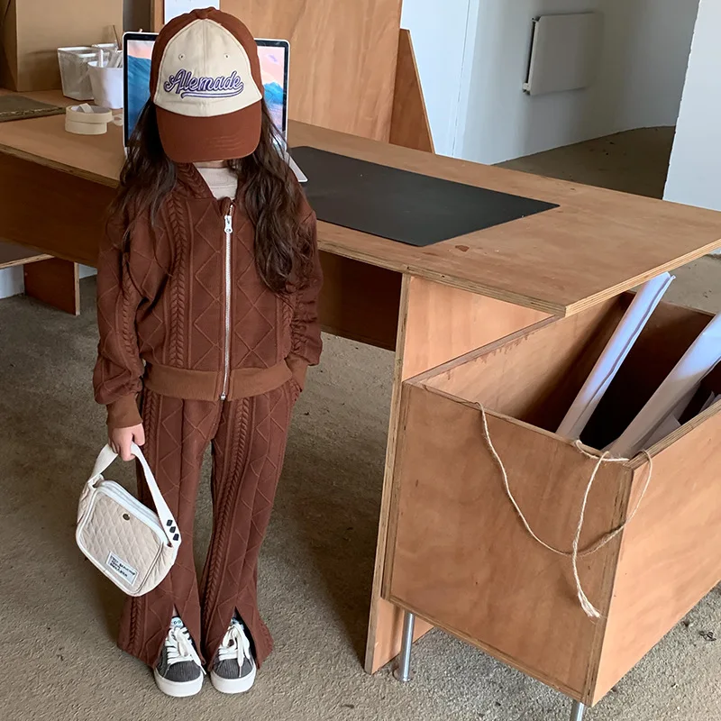 

Autumn Winter Toddler Knitted Clothes Set Girls Warm Hooded Jacket With Flared Pants For Kids Fashion Casual Daily Wear Outfits