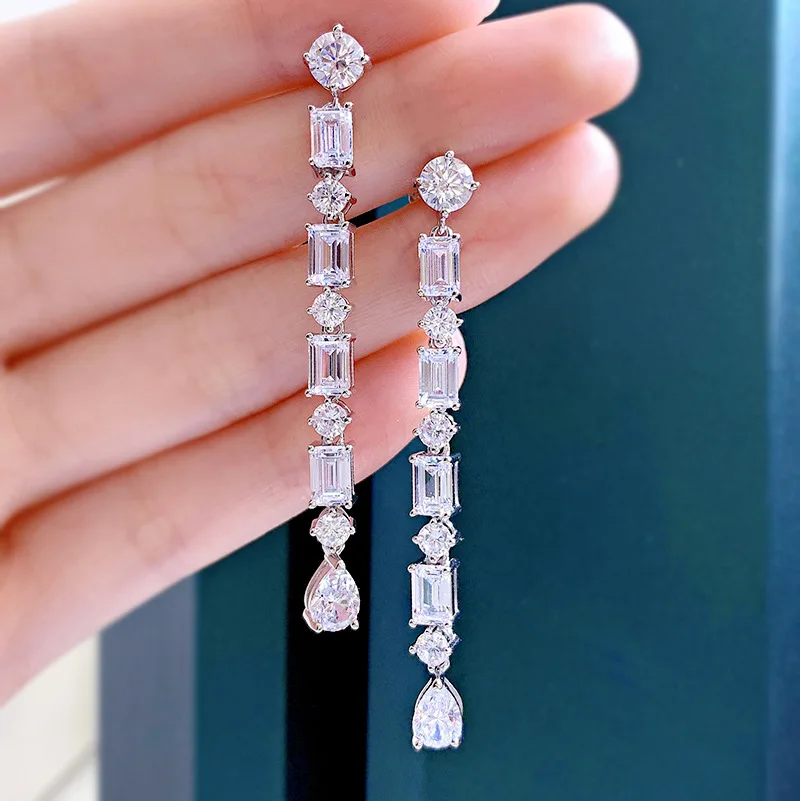 Luxury Geometric Water Drop Zircon Long Drop Earrings Shiny Square Crystal Zirconia Charming Earrings Wedding Party Jewelry