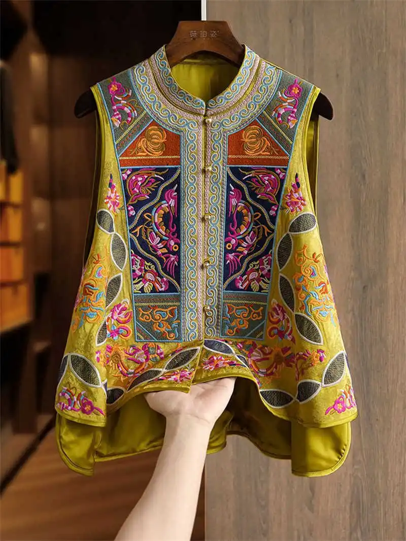 Women's Waistcoat Shoulders Yellow Heavy Industry Chinese Style Embroidered Vest New Unique and Super Beautiful Outerwear Top