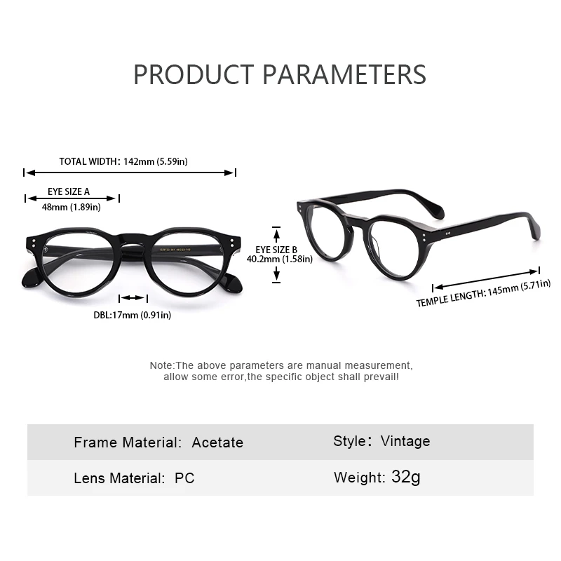 Retro Fashion Women's Optical Glasses Acetate Round Frame Men's Trendy Decorative Glasses Clear Lenses Metal Hinges