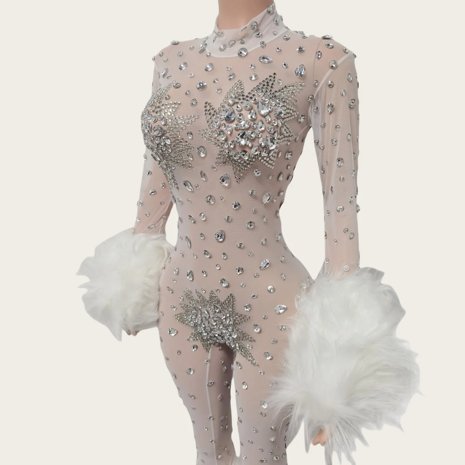 Guibin Sparkly Rhinestone Sheer Mesh Jumpsuit Hot Girl Dance Celebrate Party Photo Shoot Wear Gauze Drag Queen Performer Wear
