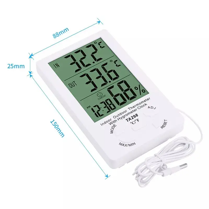 Indoor/Outdoor Thermometer Hygrometer Meter Humidity Digital LCD Home Indoor Outdoor Hygrometer Thermometer TA298