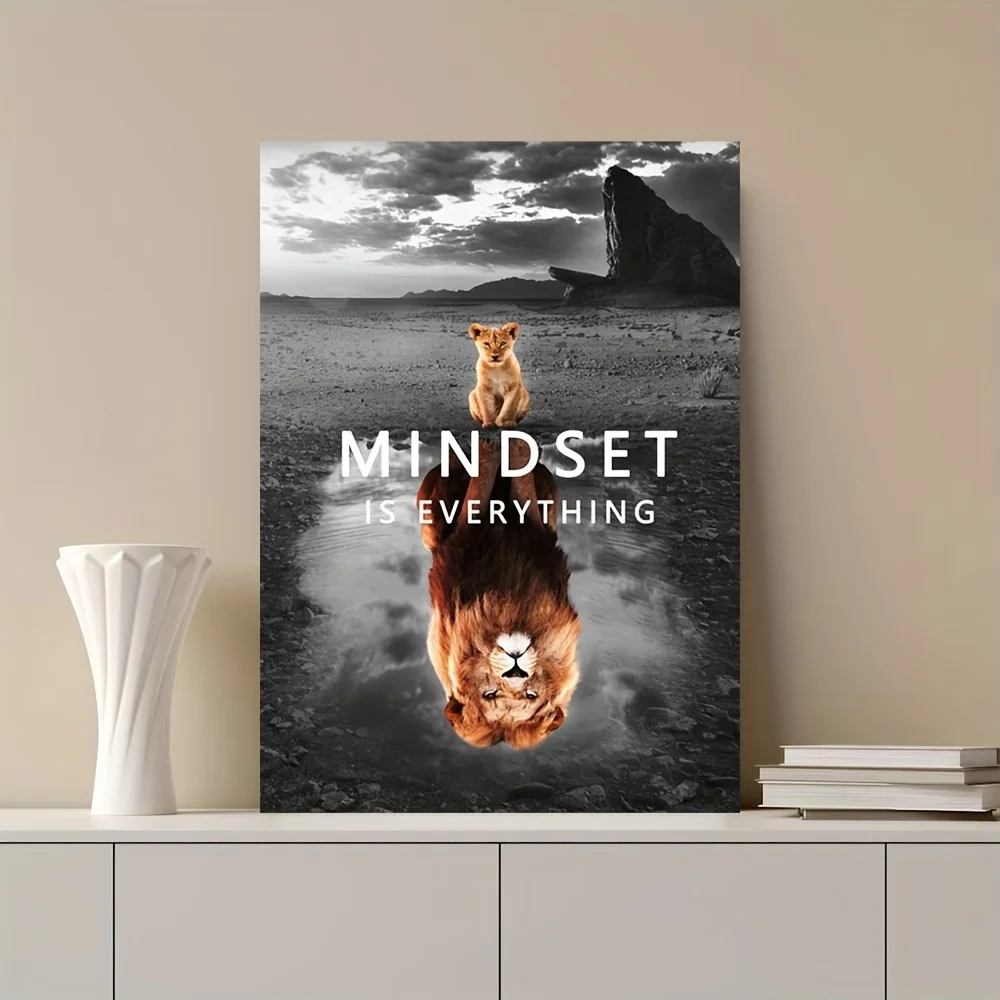 frameless canvas artwork features an inspirational quote about mindset, perfect for the modern entrepreneur. This lion-themed wa