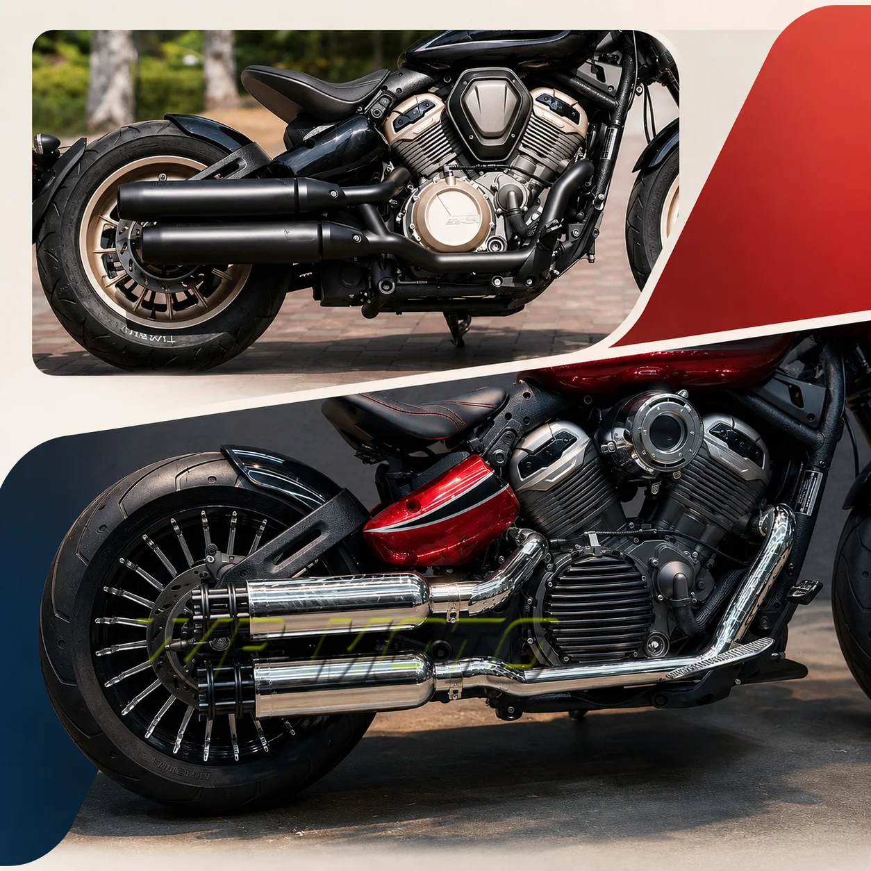 A custom full exhaust system designed specifically for the Benda Napoleon Bob 500/450, featuring a right-side dual-exit Gatling