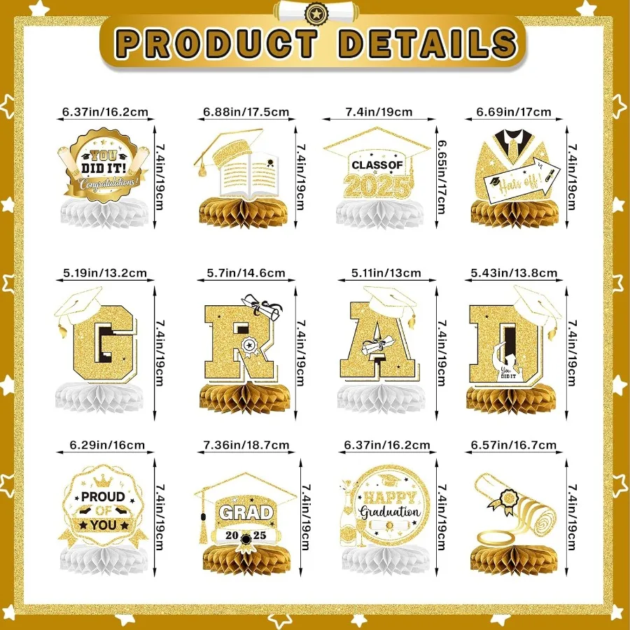 زينة طاولة التخرج باللونين الأبيض والذهبي 2025 قطع مركزية للتخرج للطاولات 2025 زينة التخرج 2025 فئة من 2