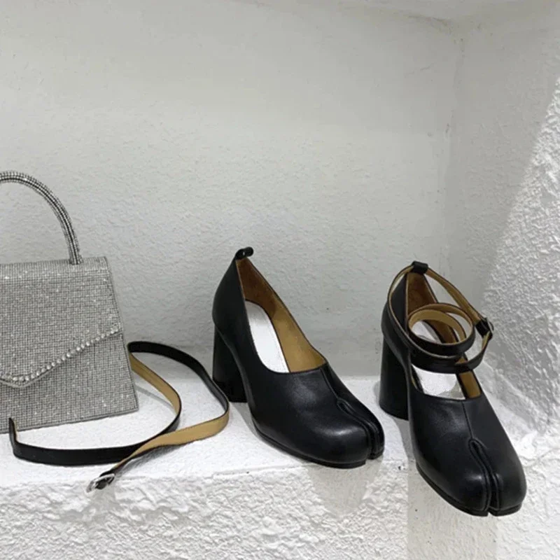 2026 Vintage Spring Fashion Split Toe Women Pumps Chunky Round Strap Buckle High Heels Red Leather Brand Design Shoes Female view 6