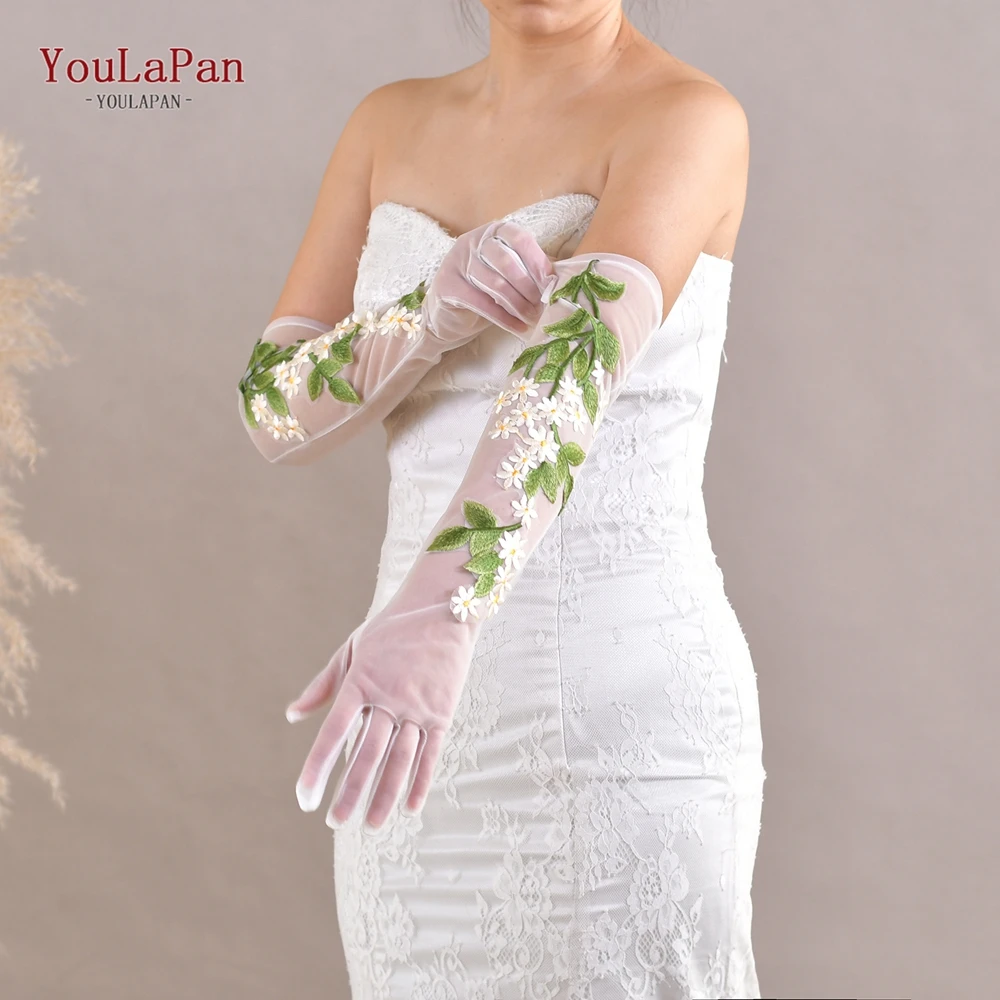 YouLaPan T39 Hand-Embroidered Women's Long Gloves With Flower And Leaf Embroidery Suitable For Bridal Weddings And Theme Parties