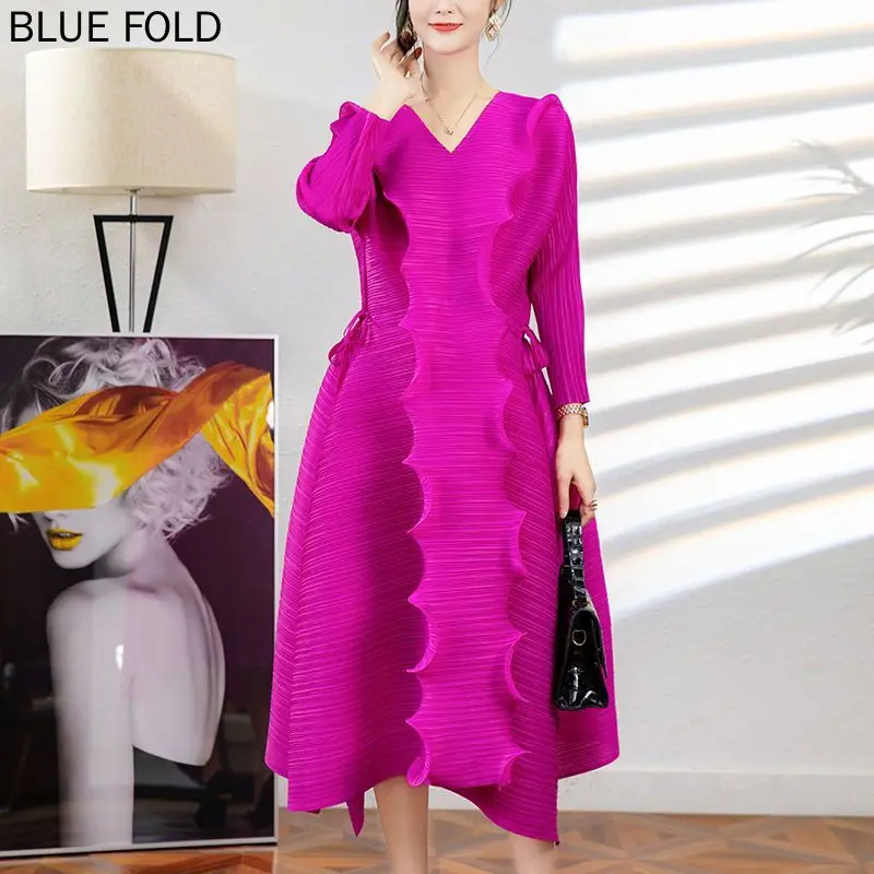 

Miyake Pleated Spring and Summer High-end Design Wooden Ear Dress Feminine Lace Waist Long Vestido PLEATS Elegant Robe Femme