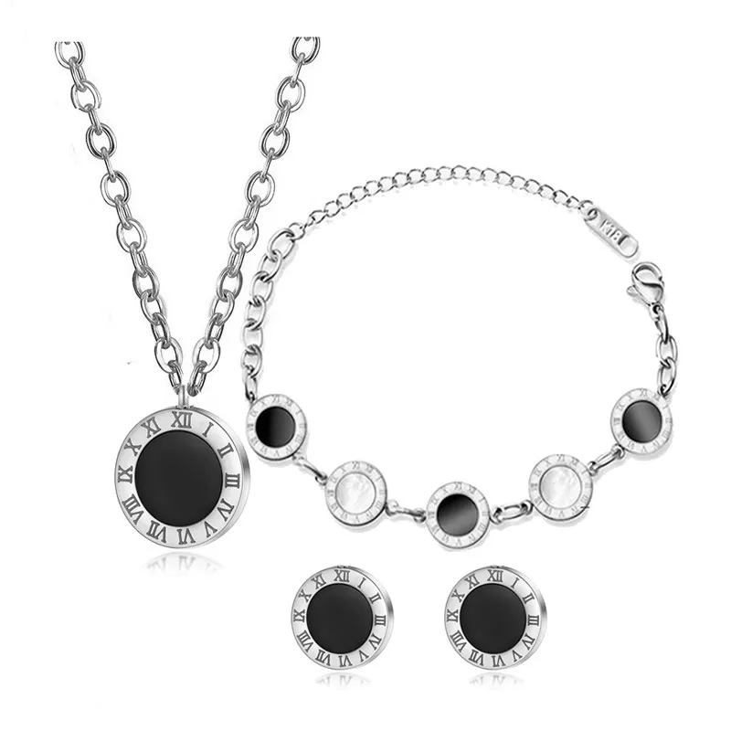 316L Stainless Steel Black Enamel Roman Numerals Jewelry Set For Women Necklace Trend Fashion New Gril Gift