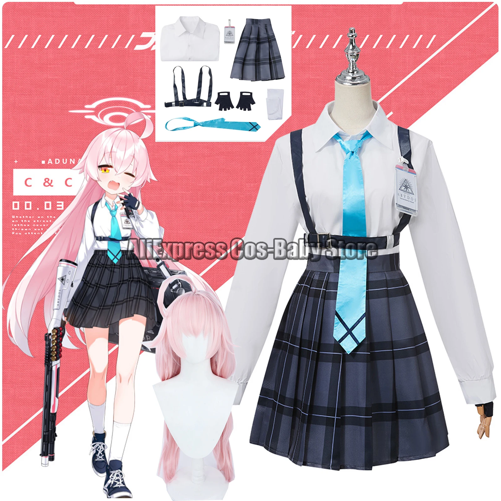 

Game Blue Archive Takanashi Hoshino Cosplay Costume Women JK School Uniforms Sailor Suit Wig Shoes Headwear Halo Halloween Party