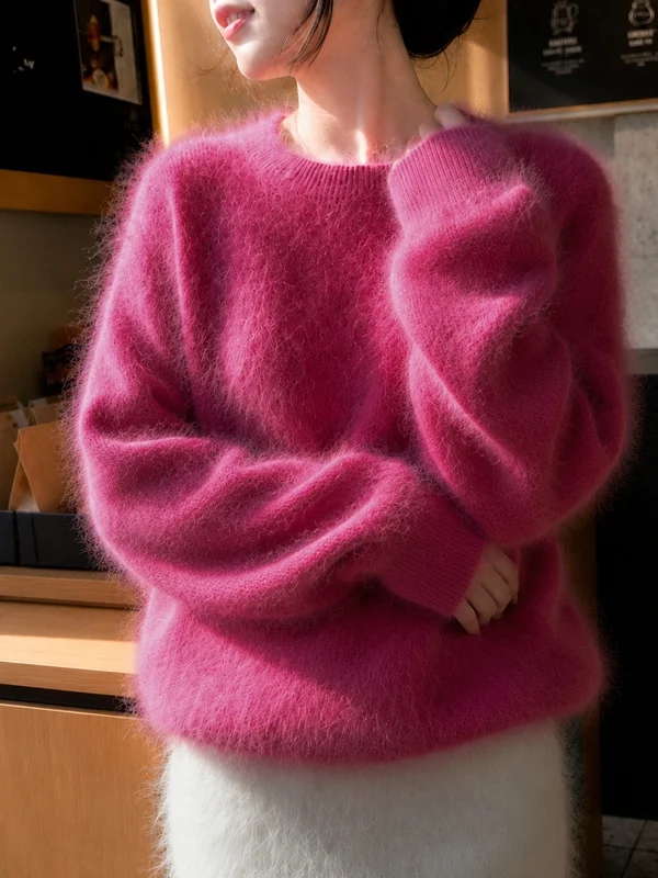 Soft Cozy Autumn Winter Woolen Knitted round Neck Pullover Women Loose Fleece Lined Fluffy Milk Color Top Female Fashion