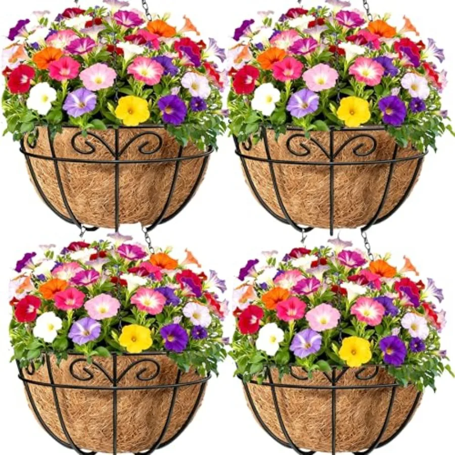 

Amagabeli 4 Pack Metal Hanging Baskets Planter Outdoor Round Wire Hanging Basket for Plants with Coco Fiber Liners Chain Plant