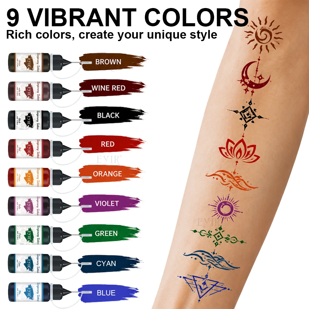 EYIR 9 Colors Henna Tattoo Paste Set Temporary Tattoo Ink With 3 Sheets Stencils Body Art Painting DIY Festival Party view 3