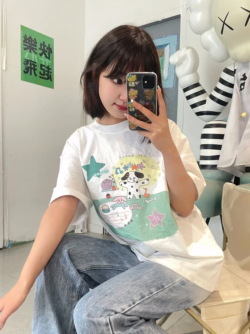Summer Printed Short-sleeved T-shirt Loose Fit Dog Singer Original Design Simple Tops Ladies Street Fashion Clothing Graphic Y2K