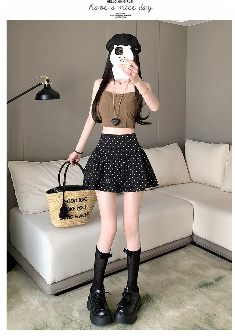 Koreanischer Stil Damen Polka Dot Minirock Hohe Taille Rüschen A-Linie Lässiger Pendler-Kurzrock mit Innenfutter – Detail 14