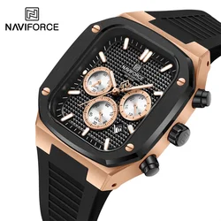 NAVIFORCE Men Quartz Watch Waterproof Square Dial Silicone Strap Wristwatches Chronograph Luminous Auto Date Clock Reloj Hombre