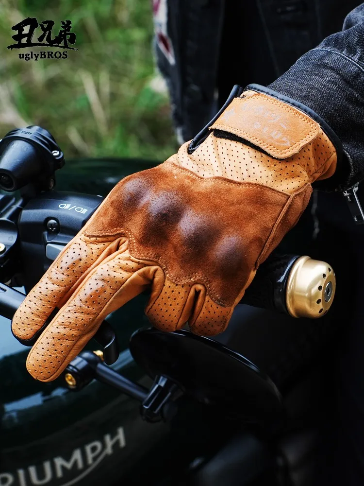 Uglybros Retro Genuine Goat Leather Motorcycle Gloves Touch Moto Gloves Unisex Breathable Windproof Spring Autumn 3 color