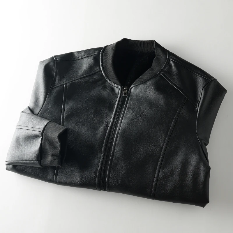 

Trade King Smooth And Fine Fce Lined Warm Baseball Collar Jaet Men's Outerwear Leather Coat Long Sve Youth Casual PU