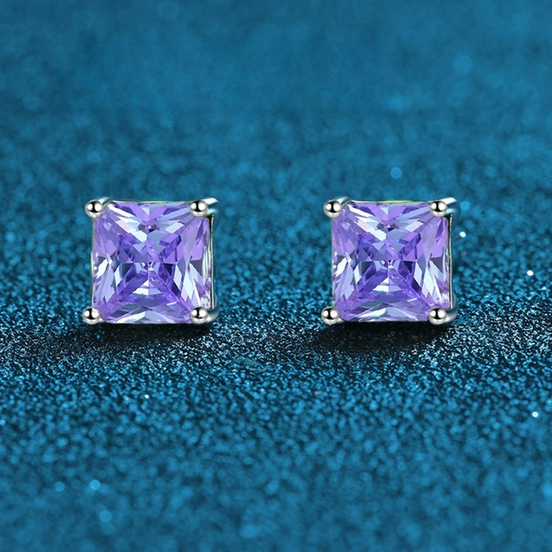 

Минималистичные платиновые искусственные культивированные драгоценные камни PT950, зеленые, синие, фиолетовые, красные, розовые, квадратные серьги с четырьмя когтями, инкрустированные