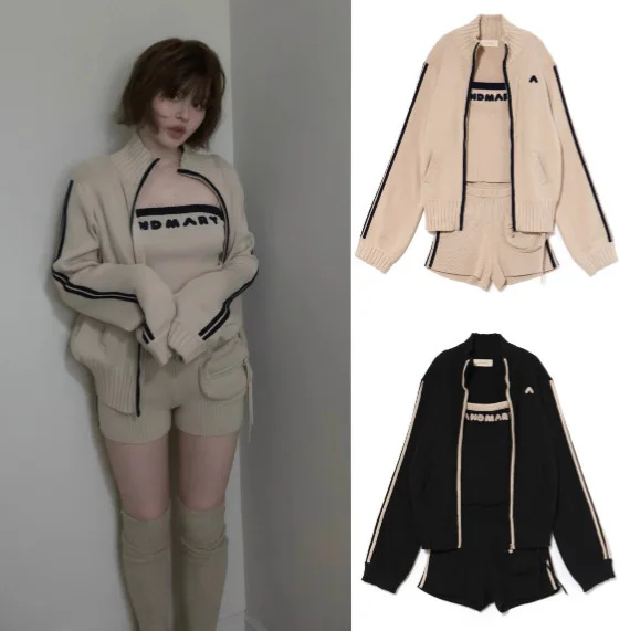 Japanese Spring Autumn 3-piece Set Sweet Striped Zipper Cardigan Tube Top High Waist Shorts Set Y2K Street Style Casual Wear - view 6