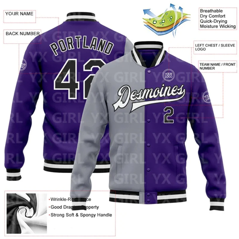 Custom Purple Black-Gray Bomber Full-Snap Varsity Letterman Split Fashion Jacket 3D Printed Baseball Button Jacket