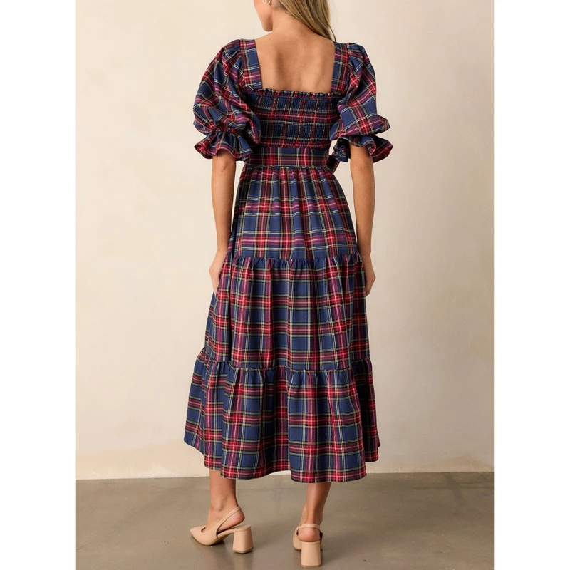 Sukienka damska Combhasaki, świąteczna, w kratę, zwiewna, maxi, styl Y2k, bufiaste rękawy, kwadratowy dekolt, falbany, marszczona, w kratkę gingham, na imprezę, z paskiem, długa.
