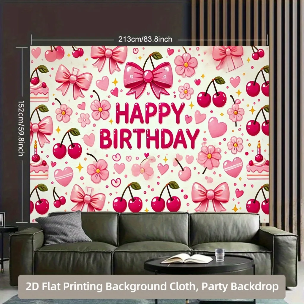2D Background Cloth 1pc, Pink Bow and Cherry Element Background Cloth, Multifunctional Polyester Fabric Durable Background