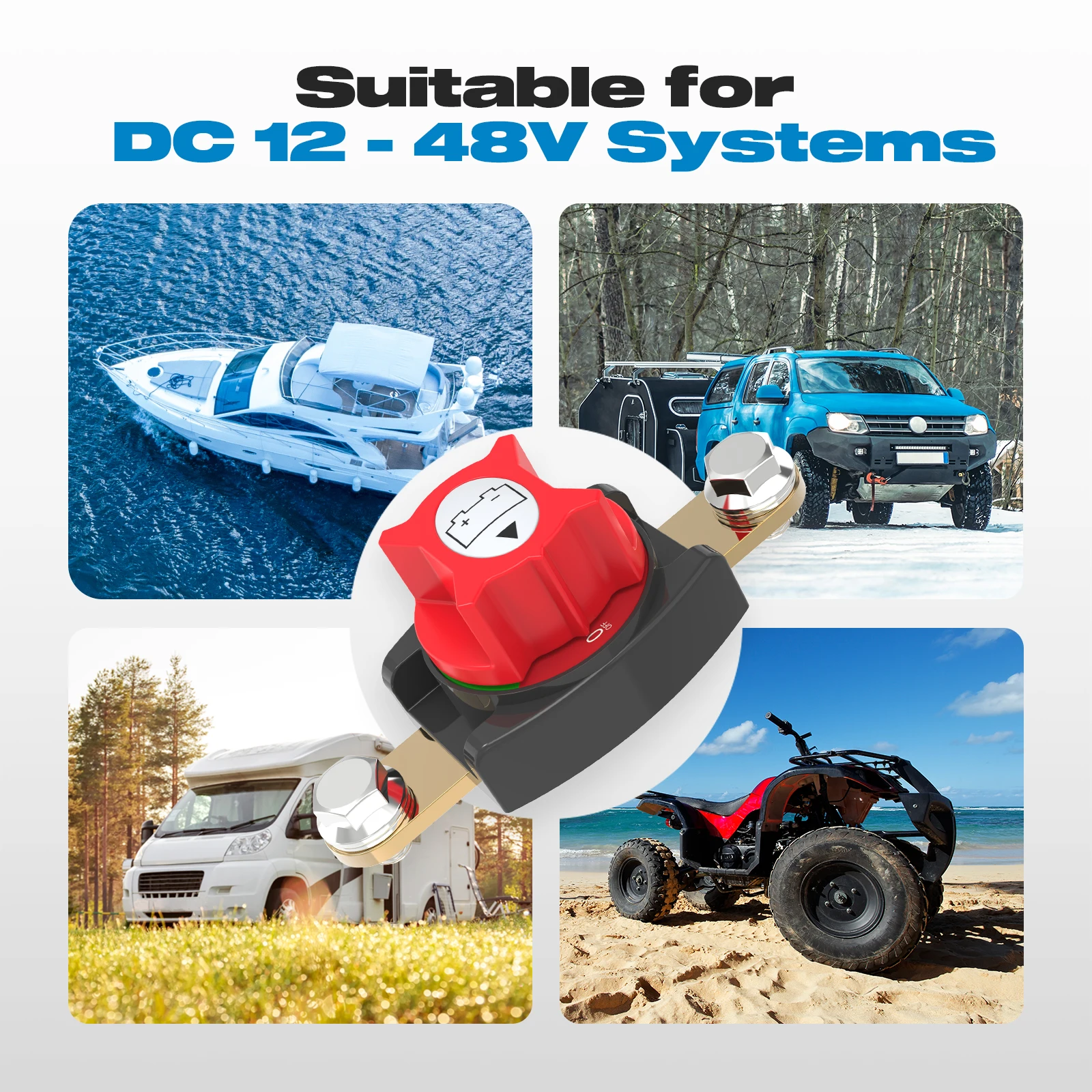 Ein/Aus-Batterie-Trennschalter mit oberer Pfosten, 12–48 V, wasserdichter, robuster Marine-Batterie-Schalter für Auto, Fahrzeug, Wohnmobil und Boot – Detail 8