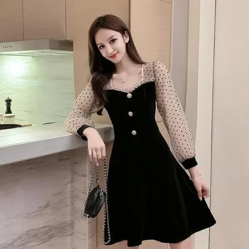 A Line Women's Long Sleeve Dresses Mesh Korean Style Female Dress Splicing 2025 Fashion Trendy New Features of Summer Loose Hot