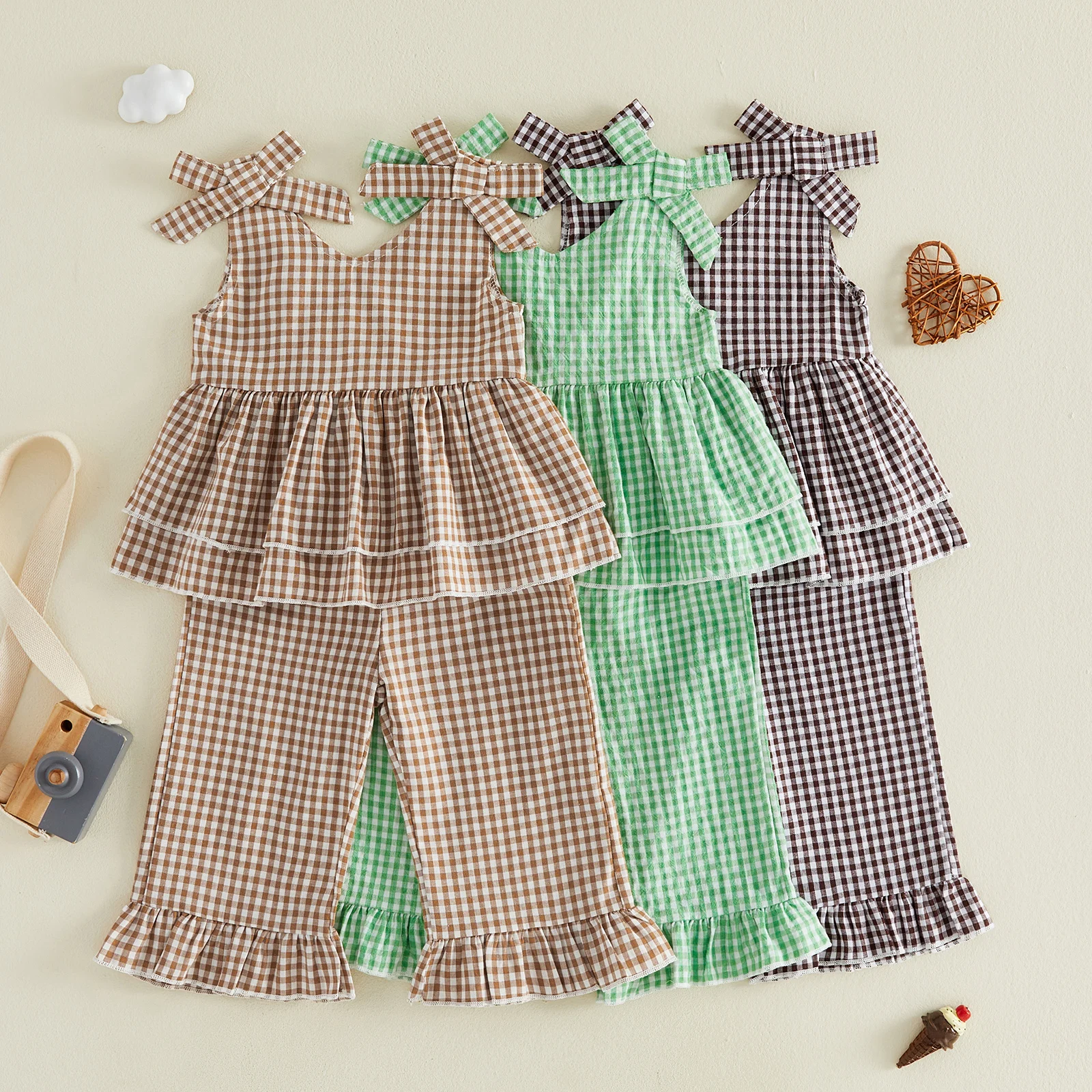 1-5Y Little Girls 2 Piece Outfits Adorable Plaid Sleeveless Round Neck Ruffled Tops Pants Set Fashion Kids Summer Sets