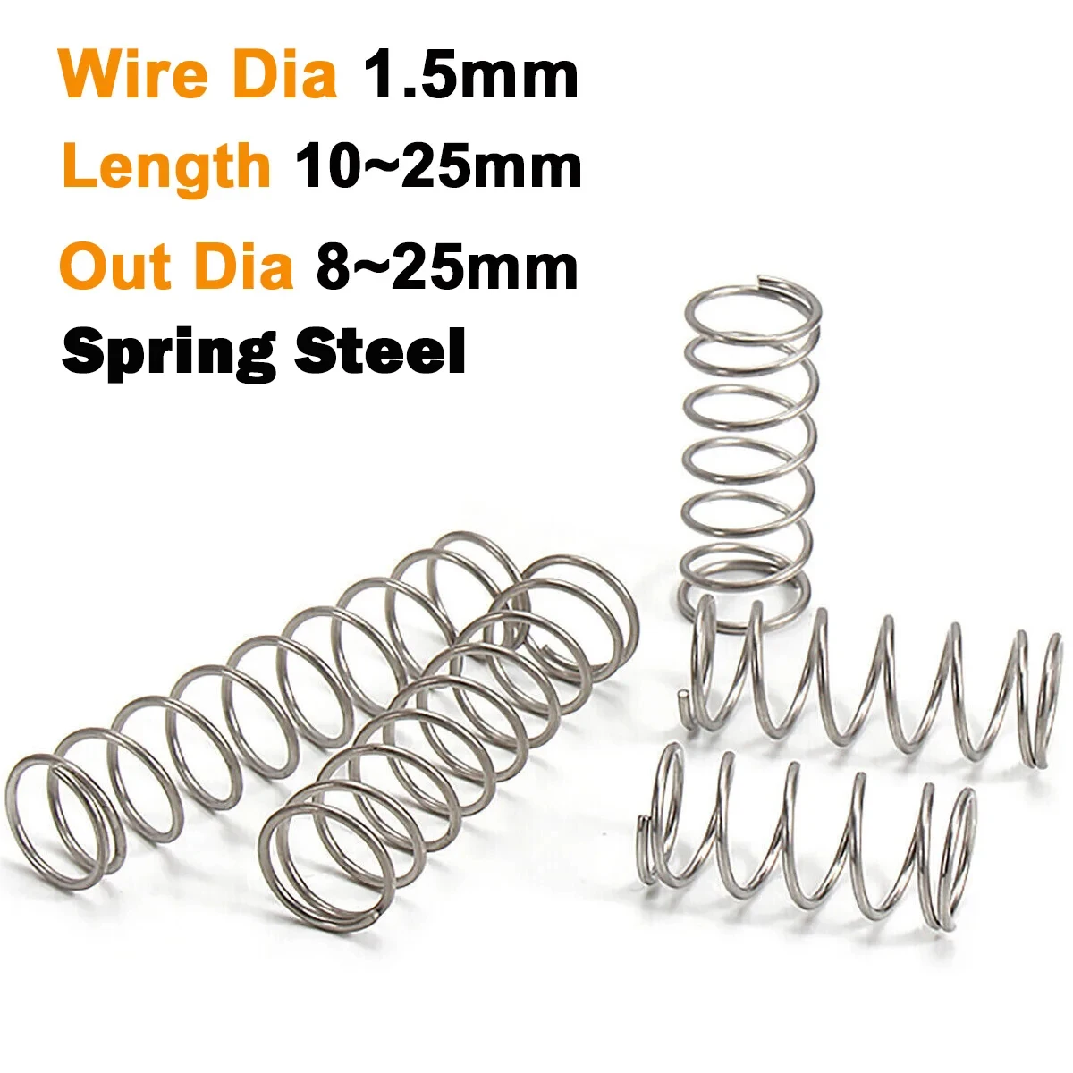 

10 шт., пружины сжатия, диаметр проволоки 1,5 мм, пружинная сталь, диаметр пружины 8 мм ~ 25 мм, длина 10 мм ~ 25 мм