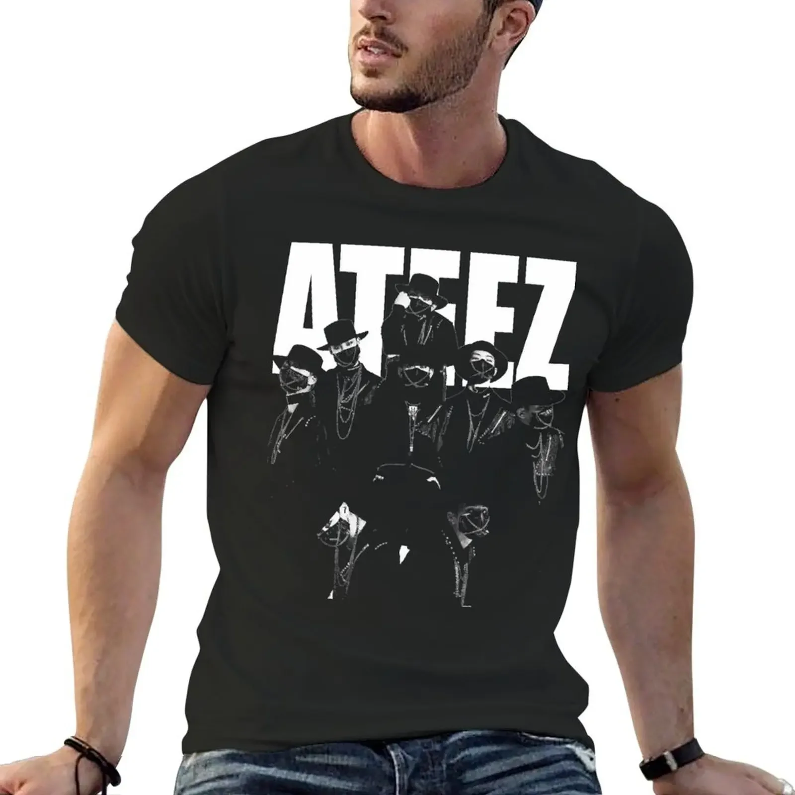 Ateez-男性用アニマルプリントグラフィックTシャツ,速乾性,男の子用Tシャツ,パッケージ