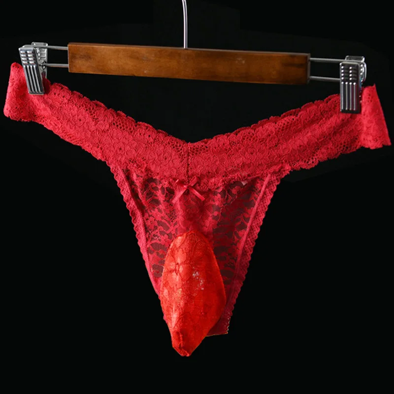 

Mens Sexy Thong Underwear Low Waist T Back Lace Panties Erotic Briefs Breathable Pouch Lingerie Plus Size