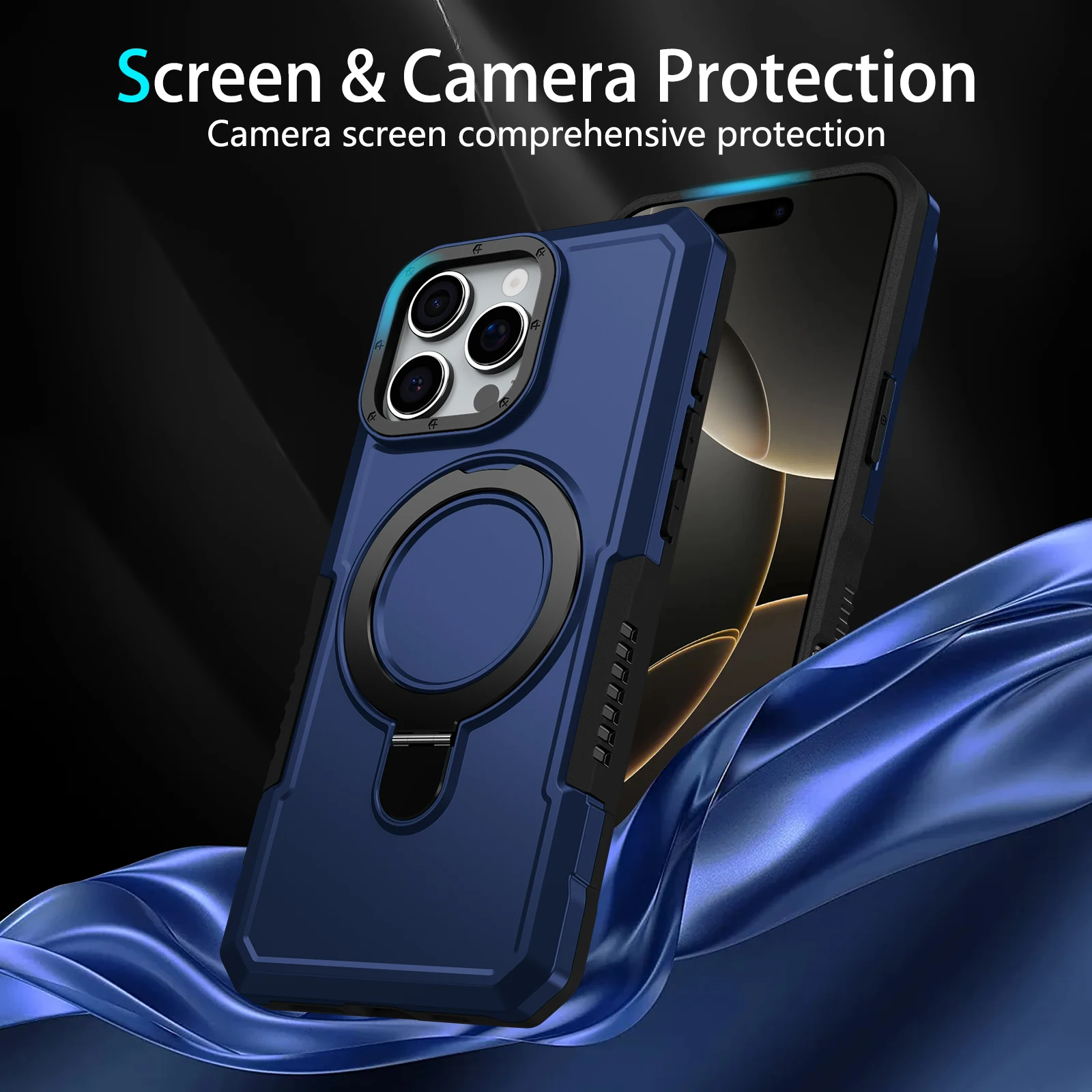 Luxuriöse Panzerhülle für iPhone 17 16 15 14 13 12 11 Pro X XS XR Max 8 Plus mit Ringhalter, Schiebeobjektivständer und stoßfester Handyhülle – Detail 7