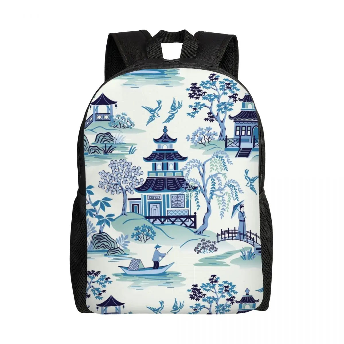 Pugs In Chinese Porcelain Backpack College School Students Bag Fits Laptop Oriental Chinoiserie Pattern Large Capacity Backpack