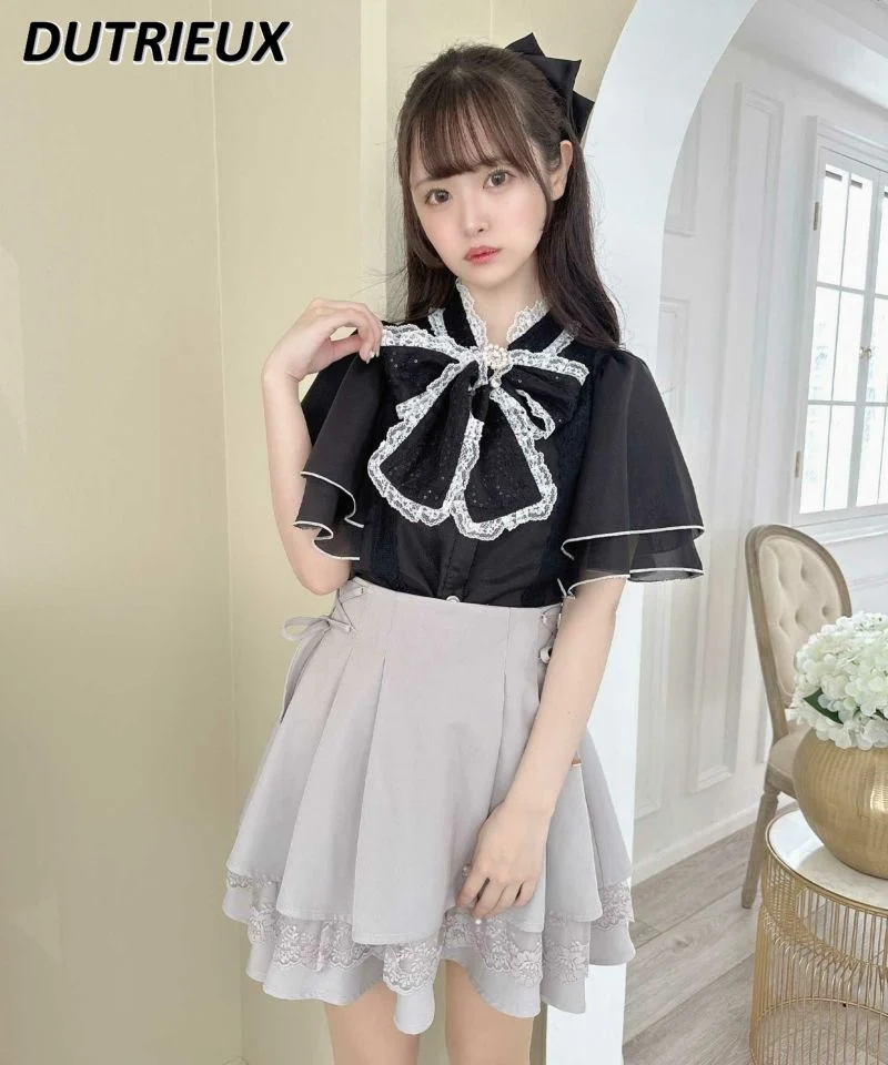 Japanese Style Mass-Produced Lace Polyester Short-Sleeved Shirt New Summer Girl Rojita Cute Single-Breasted Solid Color Tops