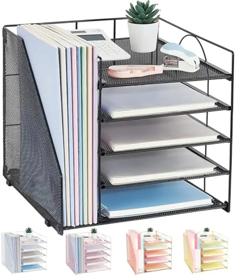 

5-Tier Paper Letter Tray Organizer with File Holder, Black Desktop Storage for Office Supplies