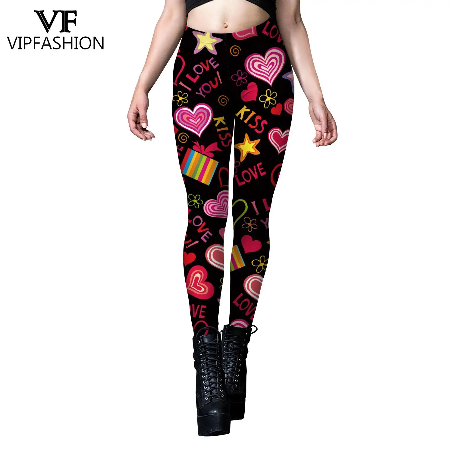 VIP FASHION Women Leggings Valentines Day Love Heart Stripe Print Workout Pants Slim Fitness New Year Gym Stretch Leggins Mujer