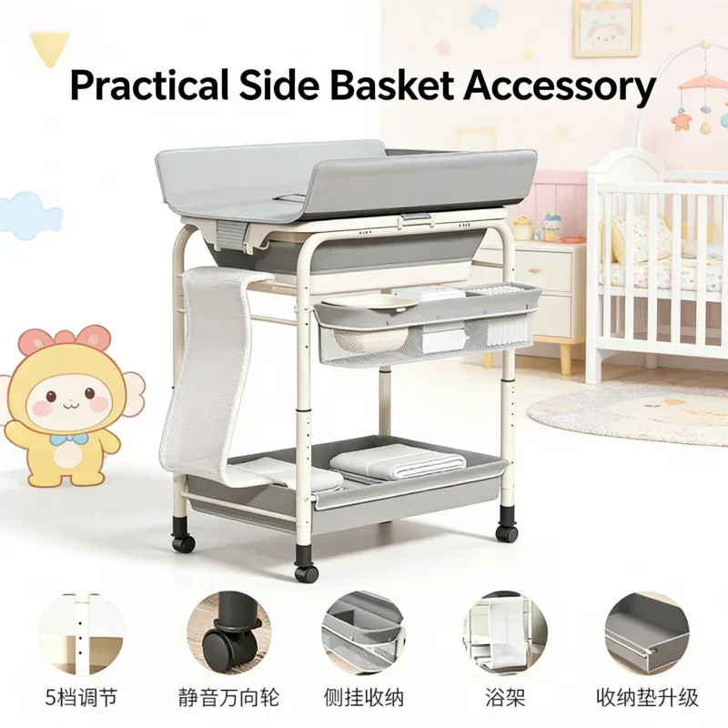 محطة تغيير حفاضات الطفل الفاخرة مع حوض الاستحمام للطي طاولة التمريض سلال جانبية تخزين الرف عجلات وغسل شبكة الرعاية 2-i