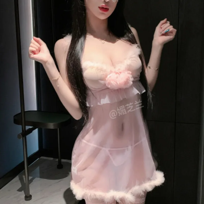Sexy Transparent Dress Elegant Plush Sleepwear Push-Up Underwire Cute Girl Dress For Women Pure Desire Nightclub Playful XGEP - view 5