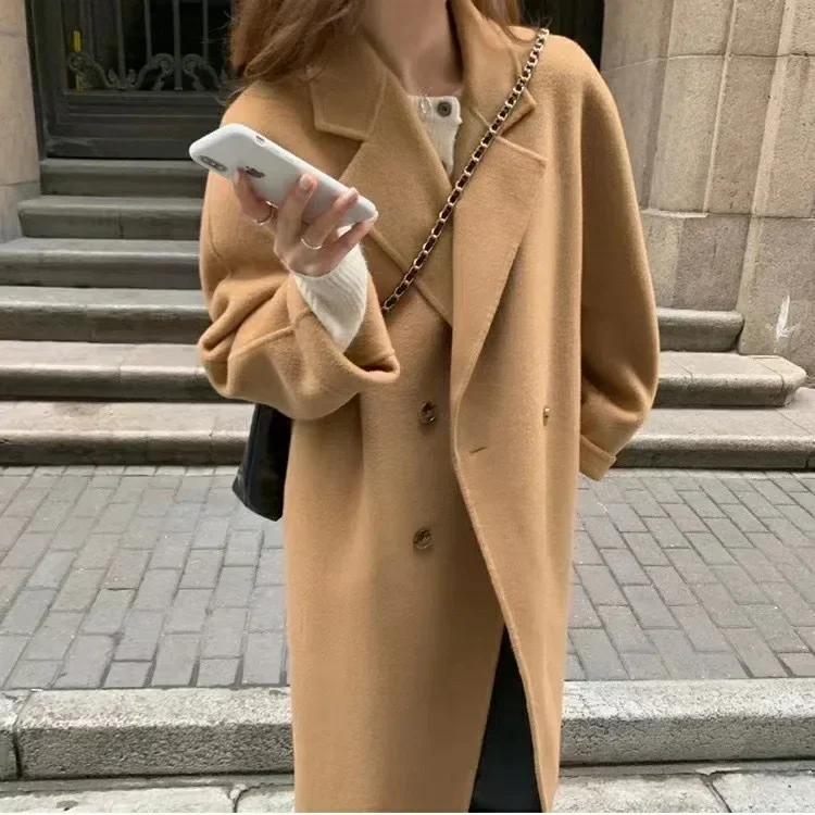 

Autumn new Korean version four-button double-sided nylon coat for women's simple style solid color thin versatile wool coat