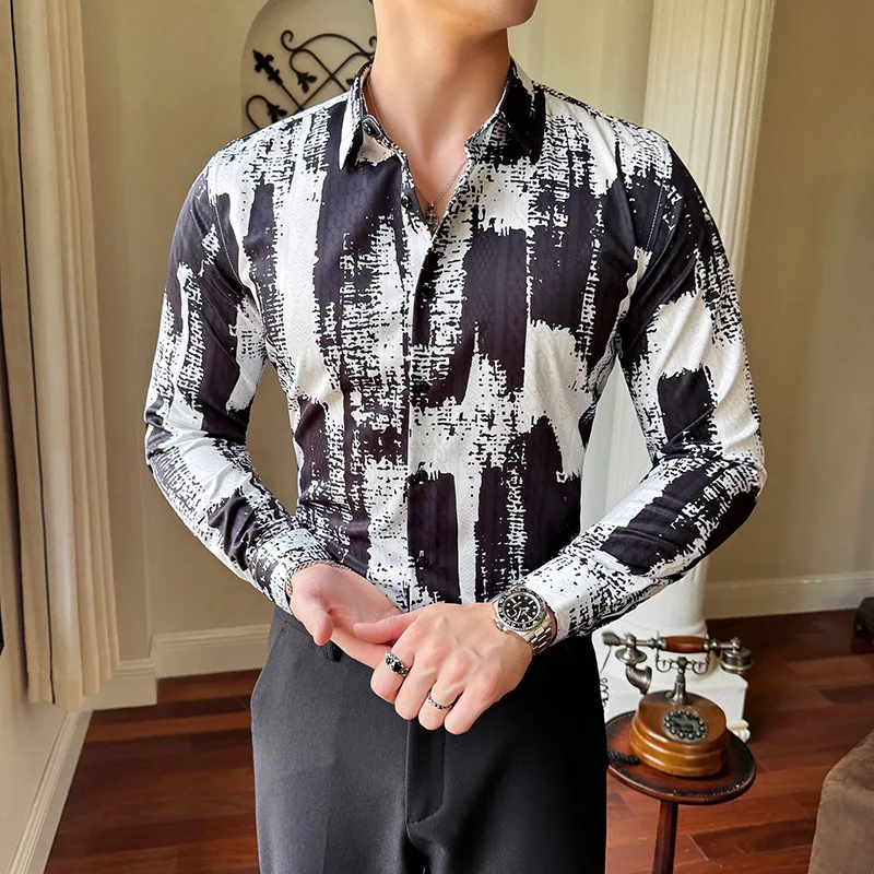 Korean Vintage Printed Shirt Men Summer Long Sleeve Slim Fit Casual Shirts Social Party Tuxedo Blouse Streetwear Men Clothing