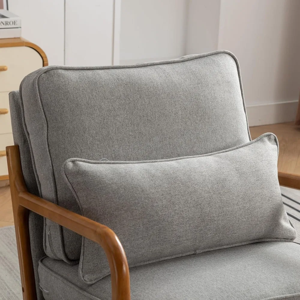 Accentstoel uit het midden van de eeuw, fauteuil van linnenstof met lendenkussen en massief houten frame voor woonkamer, slaapkamer, balkon