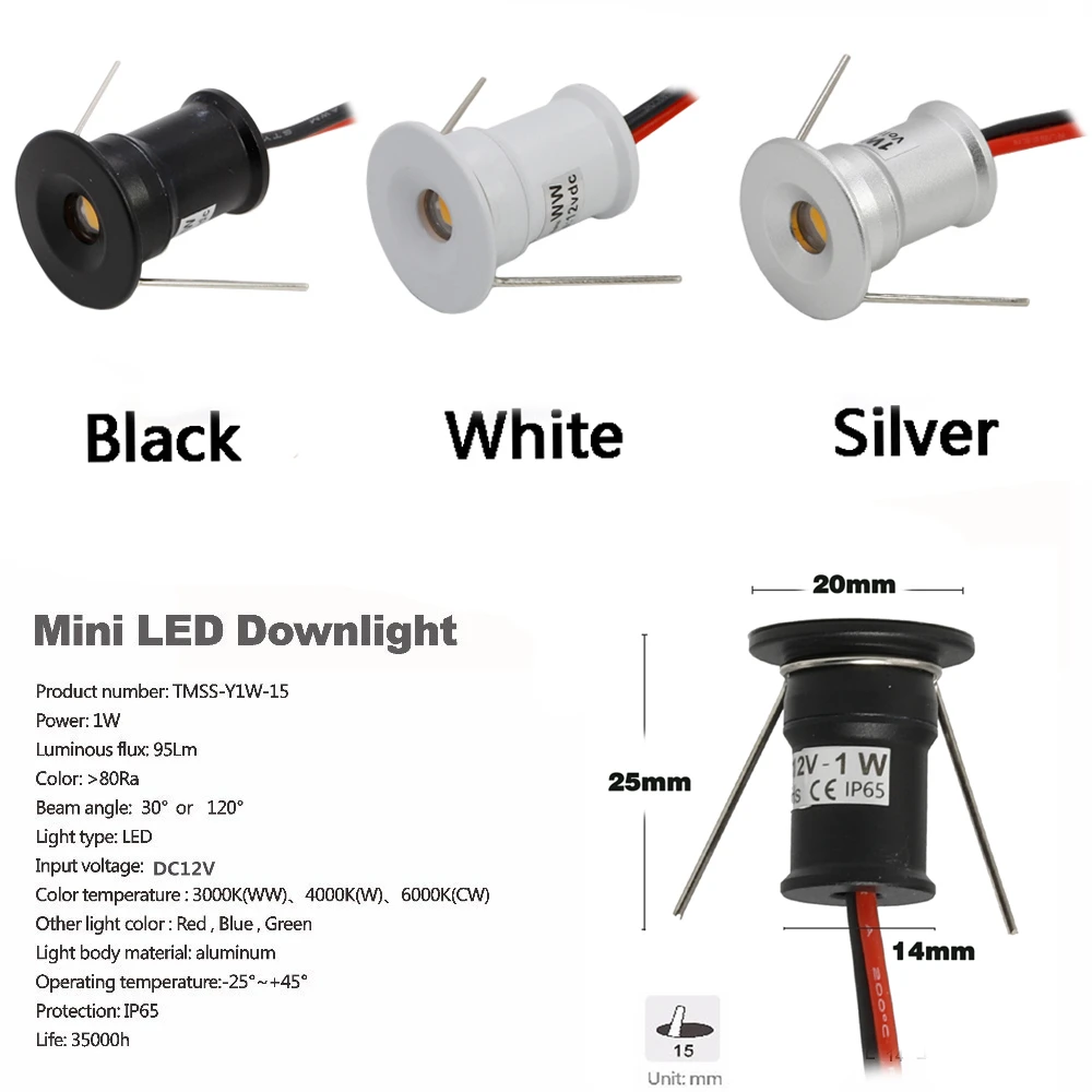 Led Spot Light 1W 12V Mini Spotlight Dimbare Verzonken Plafond Downlight IP65 Zwart Zilver Wit Trap Kast Spot lichten