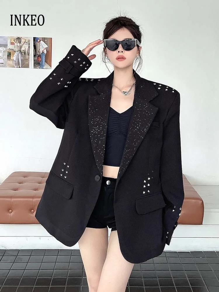 Black Rivet blazer for women 2025 Autumn Streetwear Sequined Notched collar jacket Loose Stylish Female outerwear INKEO 5O084