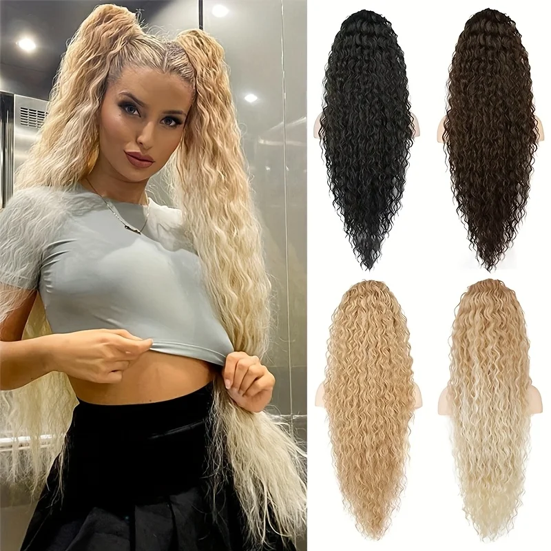 36-inch gradient long curly hair synthetic drawstring ponytail wig women's heat-resistant natural curly ponytail wig