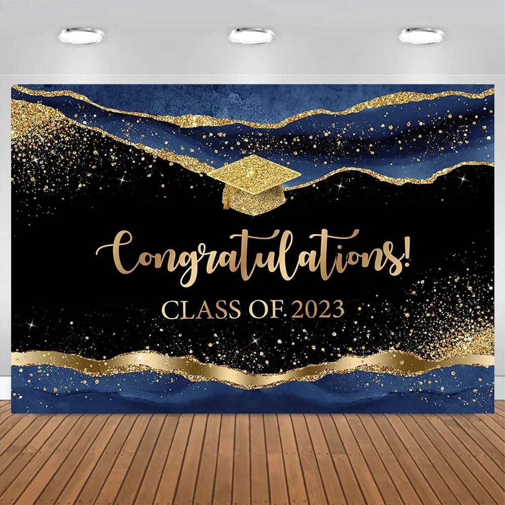 Glitter Gold Graduation Decoration Poster Backdrop Bachelor Cap 2023 Student Portrait Photo Background Studio Cake Table Props
