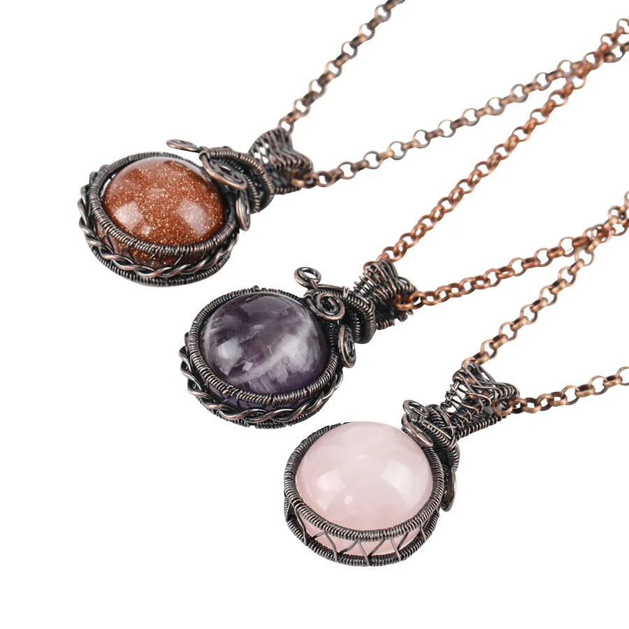 

Hand Woven Round Bead Creative Diy Bronze Retro Pendant Jewelry Wrapping Natural Stone Crystal Fashion Charm Pendant Necklace