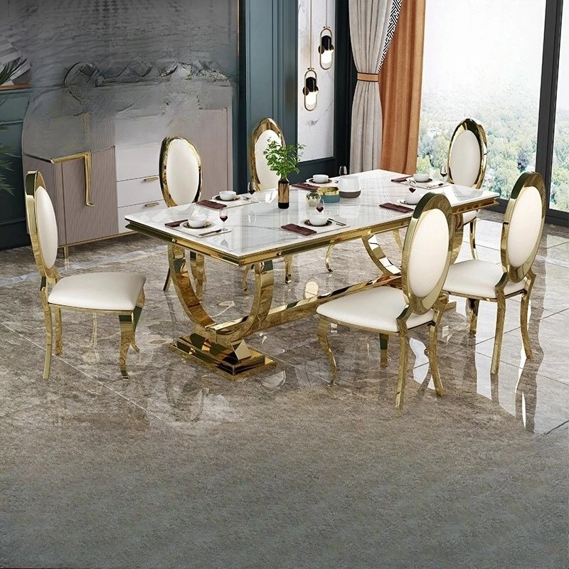 

Marble dining table and chair combination modern simple rectangular high-end dining table household stainless steel dining table