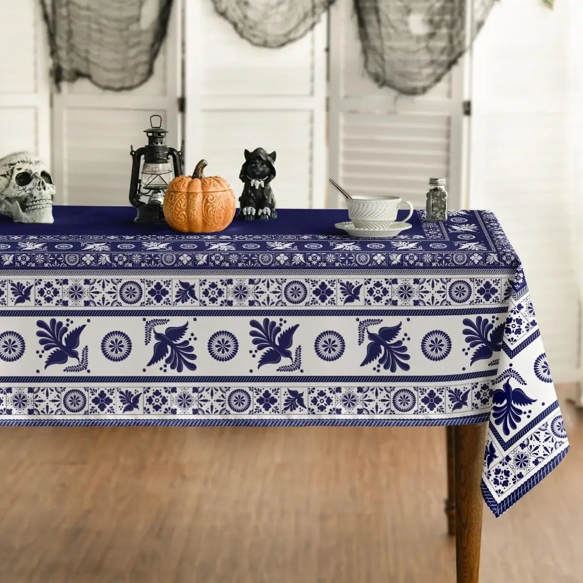 Blue Mexican Floral Birds Rectangle Tablecloth Patchwork Tiles Waterproof Home Party Kitchen Dining Table Cover Decor